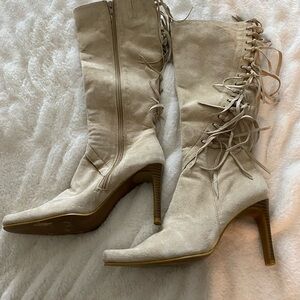 Women’s Suede Fringe Knee-High Boots - Cream